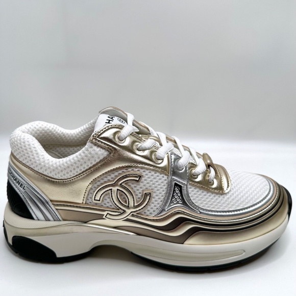 CHANEL | Shoes | Chanel 23c White Gold Silver Cc Logo Low Top Flat Tie Lace Up Sneakers Trainers | Poshmark CHANEL | Shoes | Chanel 23c White Gold Silver Cc Logo Low Top Flat Tie Lace Up Sneakers Trainers | Poshmark